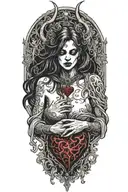 sexy partially nude demon woman holding a beating human heart tattoo design idea