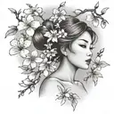 Create a tattoo design of an attractive nude woman surrounded by traditional Japanese cherry blossoms tattoo design idea