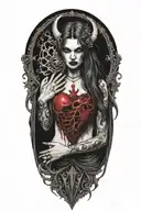 sexy partially nude demon woman holding a beating human heart tattoo design idea