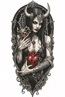 sexy partially nude demon woman holding a beating human heart tattoo design idea