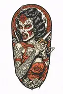 sexy demon woman cutting her face with a knife tattoo design idea