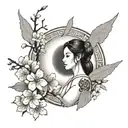 Create a tattoo design of an attractive nude woman surrounded by traditional Japanese cherry blossoms and viking runes tattoo design idea
