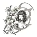 Create a tattoo design of an attractive nude woman surrounded by traditional Japanese cherry blossoms and viking runes tattoo design idea