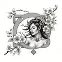 Create a tattoo design of an attractive nude woman surrounded by traditional Japanese cherry blossoms and viking runes tattoo design idea