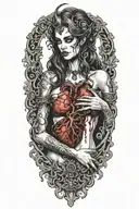 sexy partially nude demon woman holding a beating human heart tattoo design idea