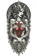sexy partially nude demon woman holding a beating human heart tattoo design idea