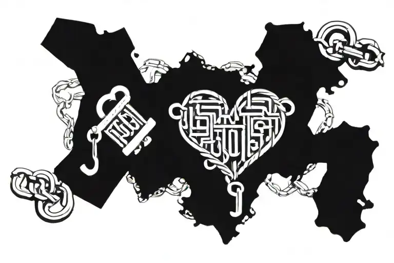 Chain link pendant with a heart shaped lock and the Letter J, with always and forever as the chainlink written in kanji tattoo design idea