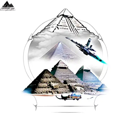 Forearm tattoo of alien ship flying over pyramids in Egypt  abducting someone tattoo design idea