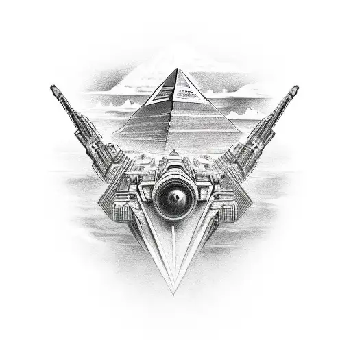 Forearm tattoo of alien ship flying over pyramids in Egypt  abducting someone tattoo design idea
