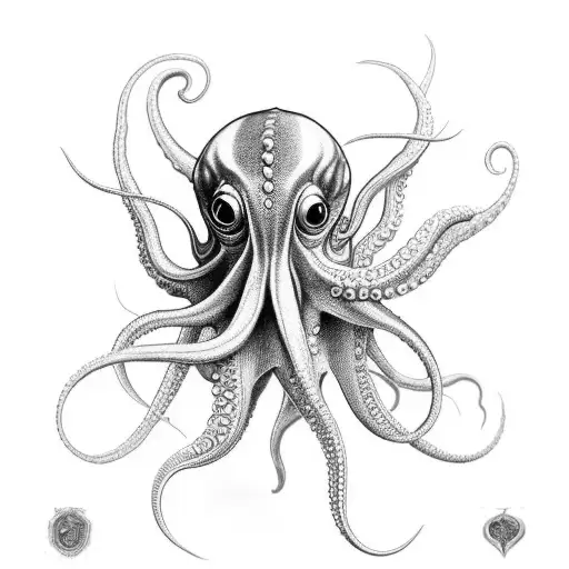 A realistic blackwork tattoo of a squid with intricate details tattoo design idea