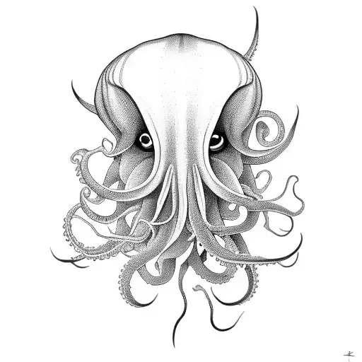 A realistic blackwork tattoo of a squid with intricate details tattoo design idea