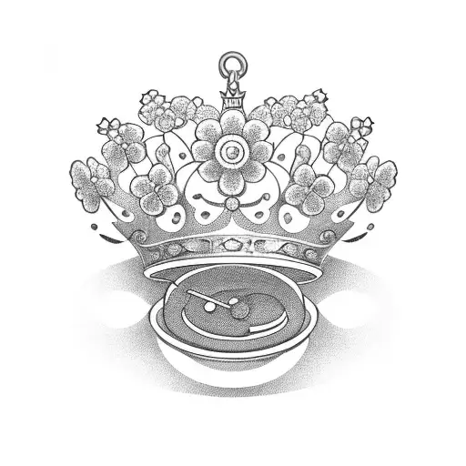 crown with flowers around and pocket watch withthe flowers bending round and below tattoo design idea