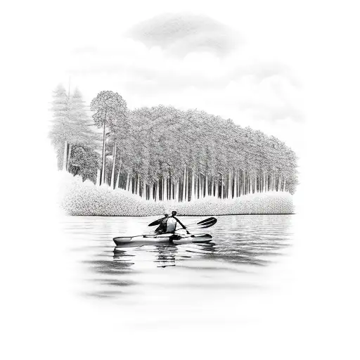 A kayaker paddling through a serene river surrounded by lush trees tattoo design idea