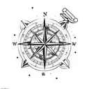 A traveler's compass with a campfire and stars as the background tattoo design idea