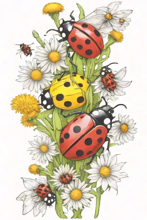 ladybugs and dandilions tattoo design idea
