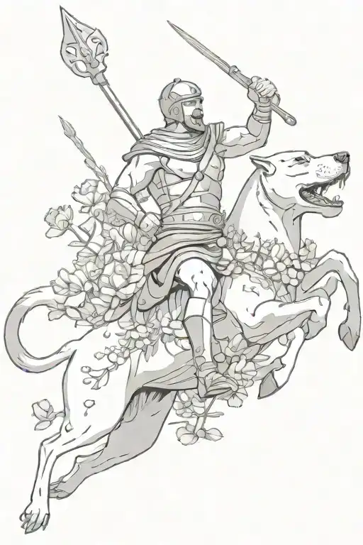 a gladiator holding a trident while riding on a pit bull and poppies dropping on him as if a crowd was cheering g  tattoo design idea