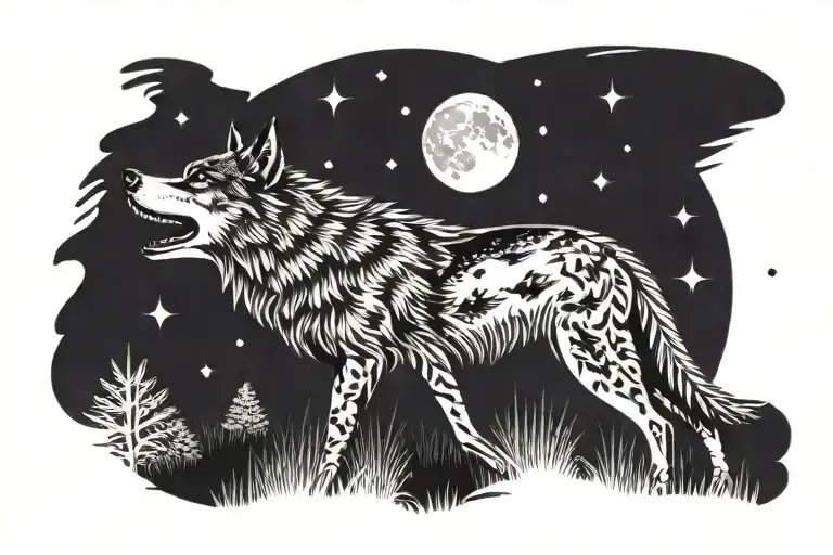 A wolf throttling throug a steppe in the night with a moon and stars and scarce trees and tall grass  tattoo design idea