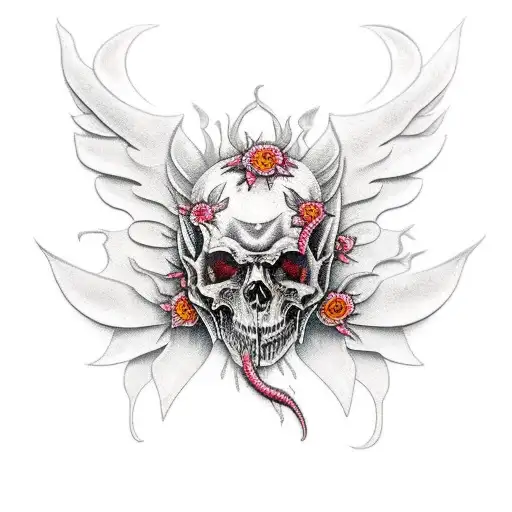 flowers, heavy metal, devil wings. tattoo design idea