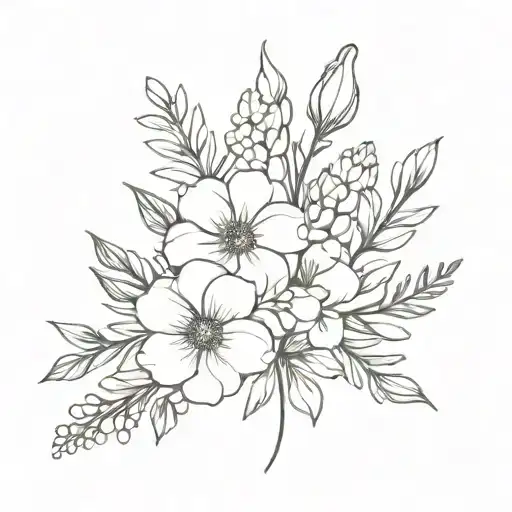 flowe bouquet with birth flowers from august, September, February, and April  tattoo design idea
