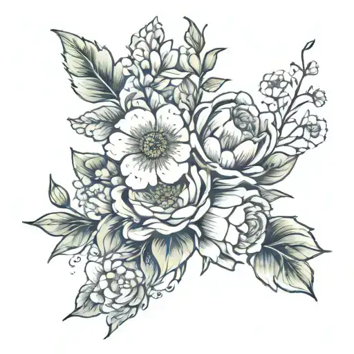 flower bouquet with  birth flowers from August, April, September, and February tattoo design idea