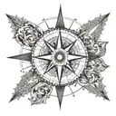 A compass rose with intricate line work and a heart in the center, symbolizing your love for travel and exploration tattoo design idea