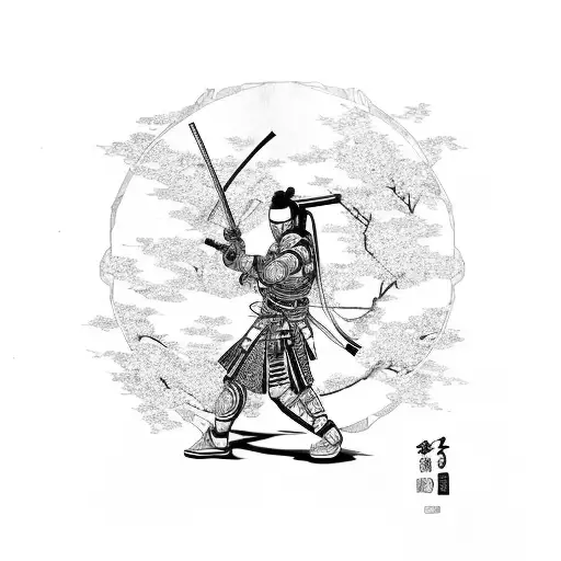 Cyberpunk samurai swinging katana under the cherry blossom tree tattoo design idea