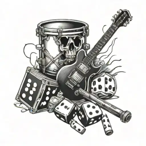 A pistol and dice intertwined with a warrior drum set tattoo design idea