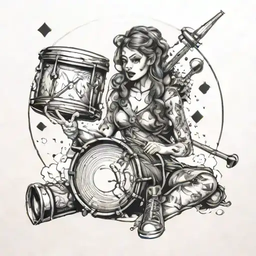 A daughter warrior holding a drum set and playing cards in a battlefield tattoo design idea