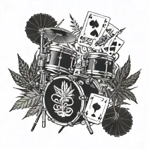 A drum set intertwined with marijuana leaves and playing cards tattoo design idea
