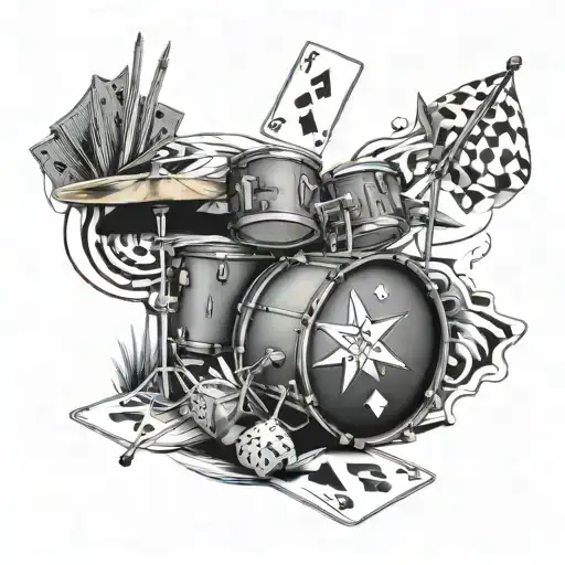 A road leading to Las Vegas with a drum set, playing cards, and dice scattered along the way tattoo design idea