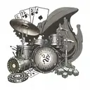 A road leading to Las Vegas with a drum set, playing cards, and dice scattered along the way tattoo design idea