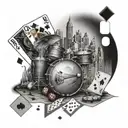 A road leading to Las Vegas with a drum set, playing cards, and dice scattered along the way tattoo design idea