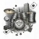 A road leading to Las Vegas with a drum set, playing cards, and dice scattered along the way tattoo design idea