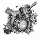 A road leading to Las Vegas with a drum set, playing cards, and dice scattered along the way tattoo design idea