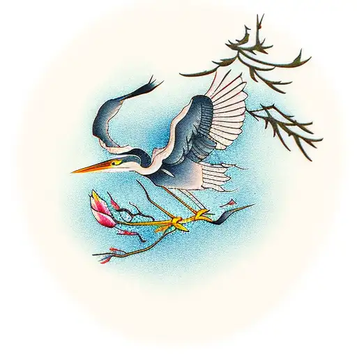 heron, Japanese crane, magnolia tree tattoo design idea