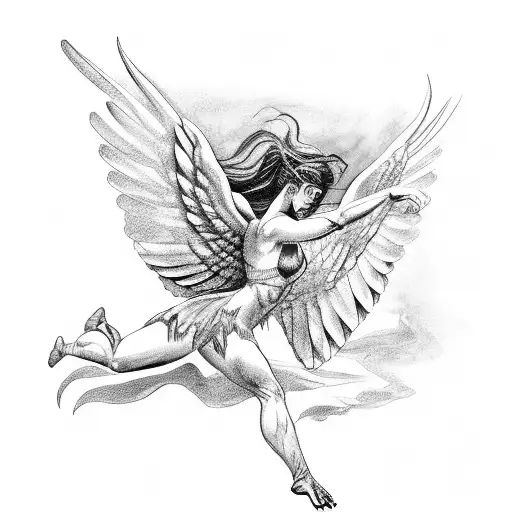 ancient greek mythology harpy in attack pose front view with long claws and big wings and angry beautiful face tattoo design idea