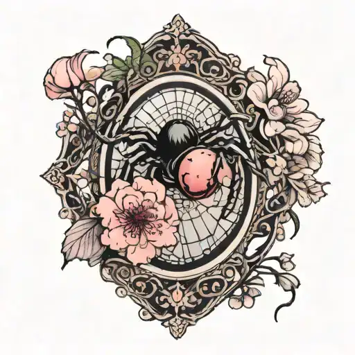 A blackwork tattoo of a spider weaving its web among pink cherry blossoms, with intricate details on the spider's body, framed by a Victorian picture frame tattoo design idea