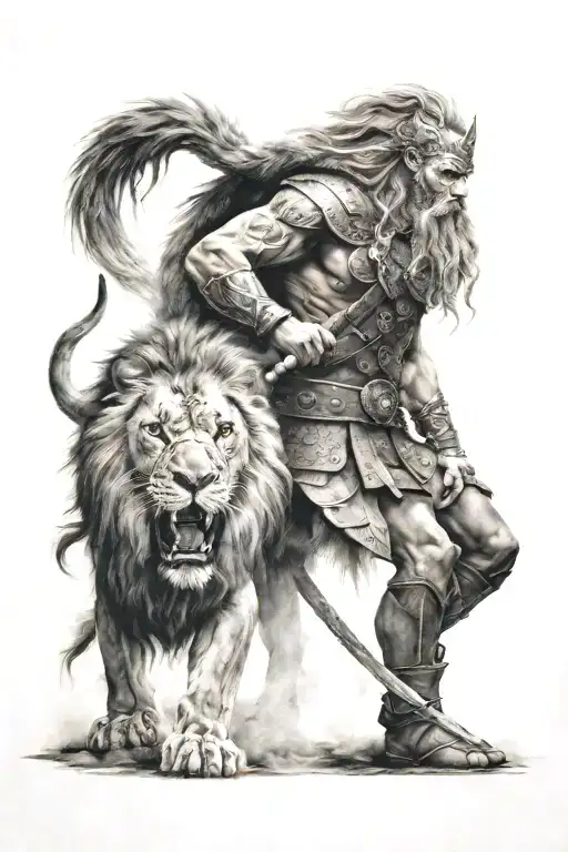 Viking warrior standing in front of a lion surrounded by smoke tattoo design idea