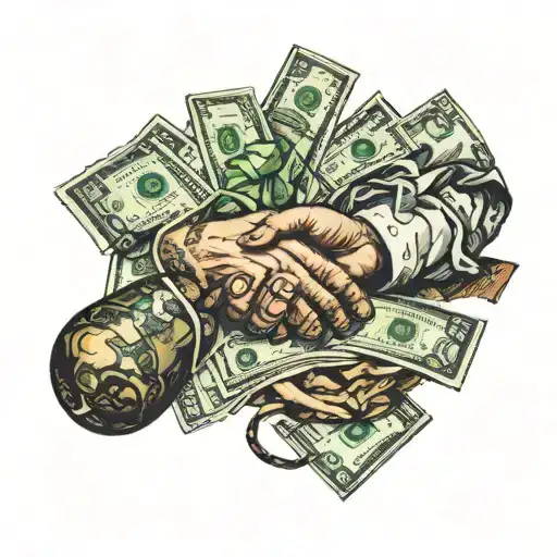 The painting "The Creation of Adam", the dollar sign, bundles of bills, exchange rates, murdered people tattoo design idea