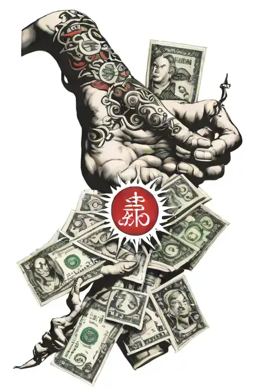 The painting "The Creation of Adam", the dollar sign, bundles of bills, exchange rates, murdered people tattoo design idea