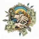 The painting "The Creation of Adam", the dollar sign, bundles of bills, exchange rates, murdered people tattoo design idea