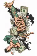 The painting "The Creation of Adam", the dollar sign, bundles of bills, exchange rates, murdered people tattoo design idea