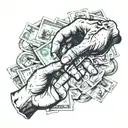 The painting "The Creation of Adam", the dollar sign, bundles of bills, blood on arms,  end of friendship tattoo design idea
