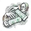 The painting "The Creation of Adam", the dollar sign, bundles of bills, blood on arms,  end of friendship tattoo design idea
