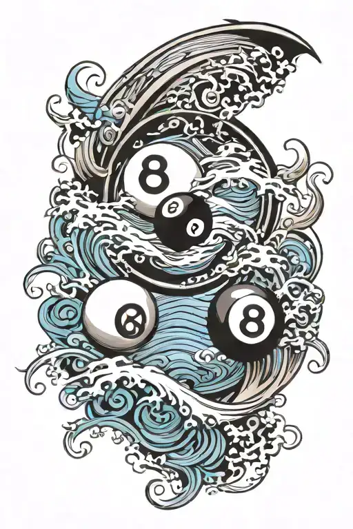 8ball And Sea wave with ships sailing towards tattoo design idea