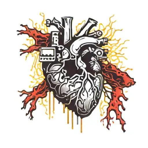 Realistic human heart with a black and gold circuit board inside. wires sticking out all over blood leaking out tattoo design idea