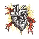 Realistic human heart with a black and gold circuit board inside. wires sticking out all over blood leaking out tattoo design idea