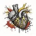 Realistic human heart with a black and gold circuit board inside. wires sticking out all over blood leaking out tattoo design idea