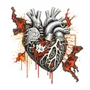 Realistic human heart with a black and gold circuit board inside. wires sticking out all over blood leaking out tattoo design idea