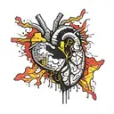 Realistic human heart with a black and gold circuit board inside. wires sticking out all over blood leaking out tattoo design idea